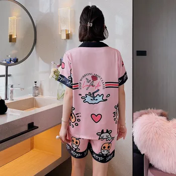 2021 Uus Naiste Pidžaama Komplekt Daamid Satiin Lühikesed Varrukad Sleepwear 2tk Cute Cartoon Trükkimine Suvel Lounge Nightwear Homewear