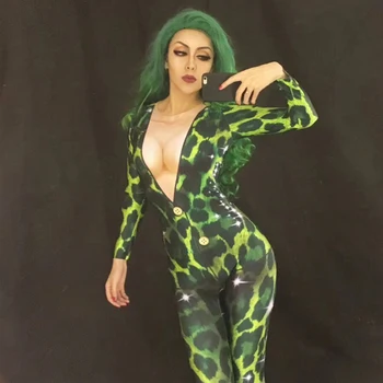 Roheline Panter Naiste Sexy Kombekas 3D-Printimine Ööklubi Partei Bodysuit Etapp Kandma Laulja Dj Tantsija Kostüüm Rave Riided DT323