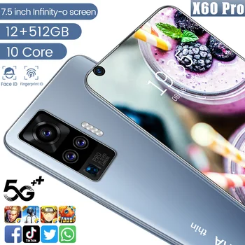 Uus 2021 X60 Pro 7.5 Tolline Suur Ekraan 21+48MP Andriod 10.0 Face Unlock Nutikas Telefon MTK6799 Ülemaailmse 5G, LTE 10 Core Mobile Phones