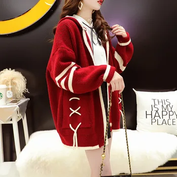 Fashion Korea Laisk Stiilis Kampsun Kampsun Naiste Lahtised Disaini Mõttes Net Punane Kootud Jakk Kevad-Sügis Naiste Kapuutsiga Casual