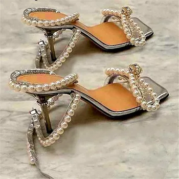 2020 naiste kingad, sandaalid õhuke kõrge kontsaga kingad suvel pulm kingad sära teemant, pärl kikilips open-toe paksud kontsaga kingad