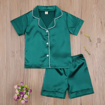 Uusim saabumise Lastele, Kahe-osaline Nightwear Komplekt Solid Color Lühikesed Varrukad Turn-down) Krae Topid, lühikesed püksid Roheline/ Valge