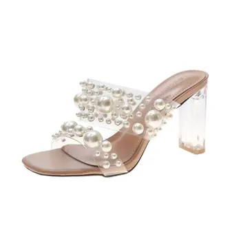 Suvel 2021 läbipaistev pärl sandaalid naiste kõrge heeled paks heeled crystal kõrge heeled kingad
