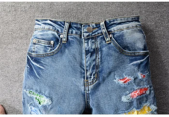 Uus High street fashion brand new ripitud teksad mees isiksuse värvi plaaster venitada slim salenemisele püksid Püksid 675