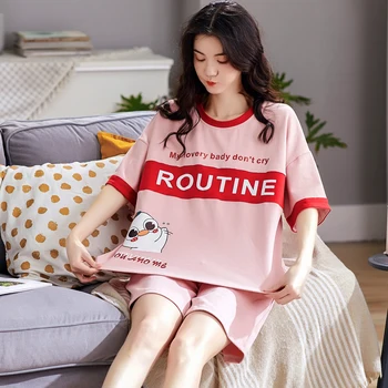 Korea Magus Roosa Lühikese Varrukaga Puuvillane Naiste Pidžaama Komplekti Suvel Jahe Ümber Kaela Väljas Mood Kirja Trükkimine Tüdrukud Sleepwear