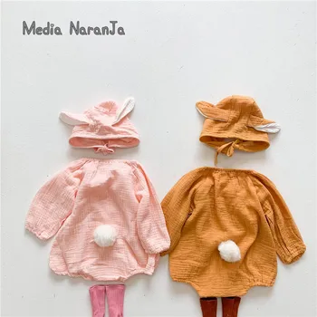 Beebi kombekas koos mütsi armas imiku boyt tüdruk tahked värvi pikkade varrukatega riideid väikelapse küülik kostüüm