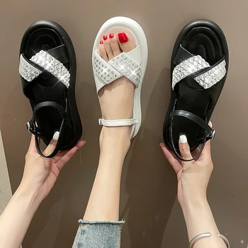 Sandaalid Naistele Suvel Uus Mood Naiste Sandaalid 2021 Bling Crystal Naiste Sandaalid Pahkluu Lukk Korter Platvorm Daamid Rand Kingad