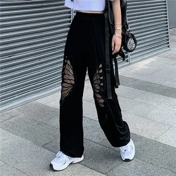 Naiste Vabaaja Püksid Mood Buttefly Õõnes Läbi Kõrge Vöökoht Püksid Naiste Lahtised Must Jogger Püksid Pluss Suurus Riided Streetwear
