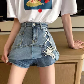 Jeans Seelik Naised, Kellel On Juhtida String Püksid Sees Kõrge Vöökoht Mini Denim 2021 Suve Trend Korea Mood Daamid Elegantne Riided