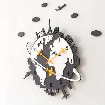 Suur Cartoon Kella Puit Põhjamaade Maailma Kaart Creative Kaasaegne Disain Seina Vaadata Elutuba Horloge Murale Vaikne Kellad