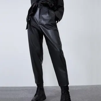 2021 Uus Mood Sügisel Talvel Naiste Kõrge Vöökoht Musta Faux Nahast Püksid Lady PU Lahti Pliiats Püksid Elegantne Tasku Streetwear