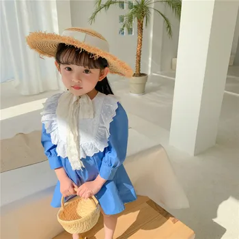 2021 Kevadel Uus Beebi Tüdrukud Korea Pikad Varrukad Sinine Pits Kleit Laste Riided