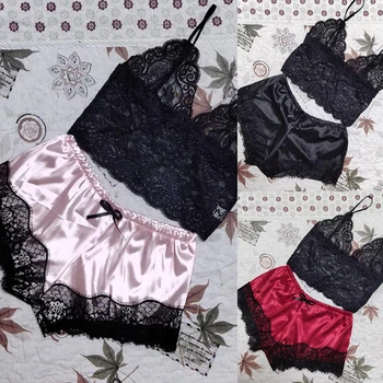Naiste Sexy Satiin Lingerie Aluspesu Komplektid Nightwear Sleepwear Silk Pael Tahked Värvi Pits Komplekti