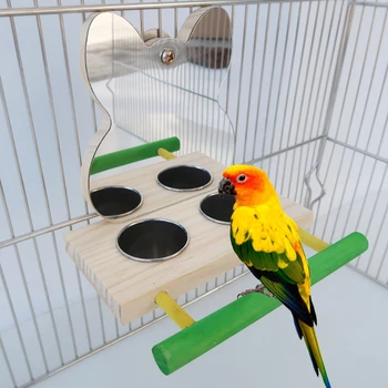 Papagoi Peegel Mänguasi Roostevabast Terasest Söötmine Tassi Lind Puidust Raamid koos Puuri Ahven jaoks Macaw Aafrika Hallid Budgies