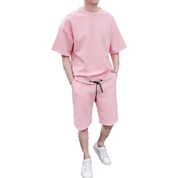 Mens Tracksuit Määrab Brändi Kahe töö sobiks tracksuit 2021 Meeste Vabaaja Tshirts Treening, Fitness Komplekti Jogger Sobib meestele Pink lühike