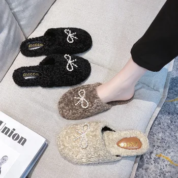 Pakitud pool-sussid naised kannavad 2020. aasta sügis/talve uus vibu vee puuri korter Muller kingad daamid soe puuvillane lohistage