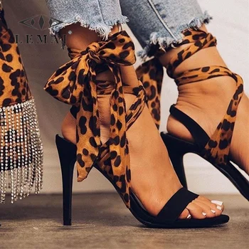 Uus Leopard Printida Stiletto Kontsaga Naiste Sandaalid Pahkluu Lace Up Kõrge Kontsaga Sandaalid Lady Pool Kingad Tacones Altos Encadenados