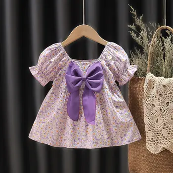 Suvel Puuvillane Baby Girl Dress Sünnipäeva Printsess Lühikesed Puhvis Varrukad Õie Suur Vibu Vabaaja-line Lapsed Väikelapse Riideid