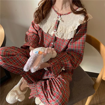 Korea Vintage Ruuduline Pidžaama Komplekt Naiste Mood Ruffle Sleepwear Vabaaja Mori Outwear Tüdrukute Kodu Sobiks Keskaja Põletatud Varrukad S1025