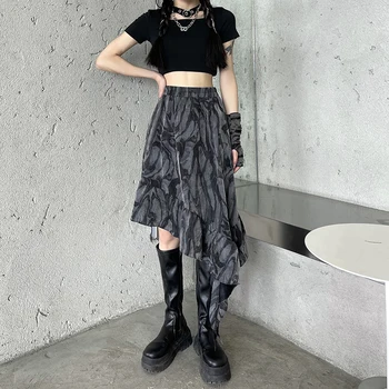Korea Suvel Uus Streetwear Harajuku Diablo Stiilis Naiste Seelik Vintage Tie Dye Kõrge Vöökoht Ruffles Asümmeetriline-Line Seelik