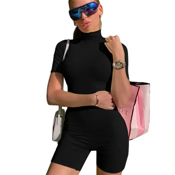 WEPBEL Playsuits Naiste Sexy Solid Color Slim Playsuits Suvel Lühikesed Varrukad Kõrge Vöökoht kõrge kaelusega Sirge Playsuits