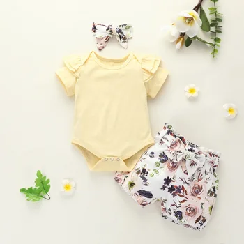 Baby baby baby suvel tähestik tahked värvi lühikeste varrukatega riided romper + lilled leopard lühikesed püksid laste riided