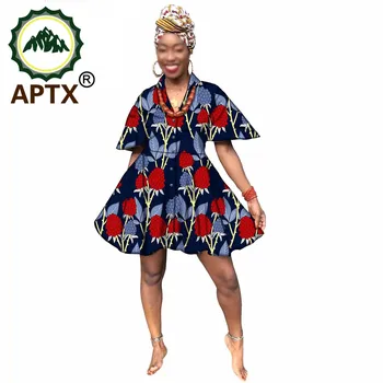 2021 Uus Aafrika Naiste Riided Ankara Stiil V Krae, Lühike Varrukas Seksikas Lilleline Seelik Üle Põlve Vaha Puhtast Puuvillast Elegantne Armas