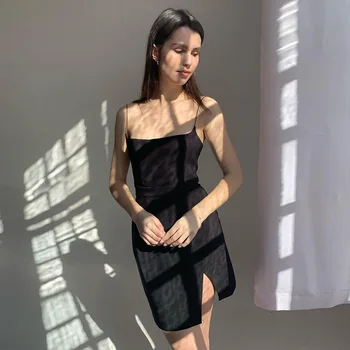 Wsevypo Klassikaline Suspender Lühike Must Pilu Kleit Poole Elegantne Suvine Naiste Spagetid Rihmad Kõrge Vöökoht Mini Pencil Dress