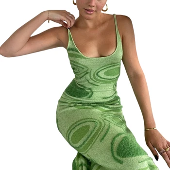 Prindi Koo Bodycon Kleit Naistele Y2K Roheline, seest Õõnes Läbi Midi Varrukateta Kleidid 2021 Suvel Rannas Kleit