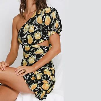 2021 hot müük lemon print ruffled plisseeritud seelik seksikas kaldus õlad disain kleit