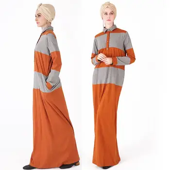 Moslemi Naised, Tüdrukud Pikk Kleit Islami Abaya Segast Vabaaja Puuvillane Kootud Rüü Polo Krae Segast Triip Nupud Õhuke Kleit
