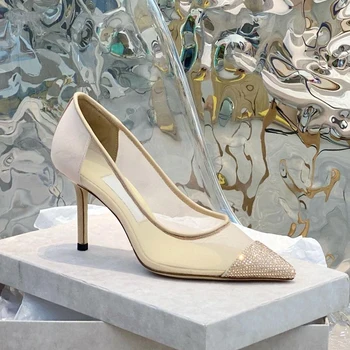 Prantsuse charechoo naiste kingad on kõige rohkem väärt klassikalises stiilis, 8.5 cm kõrged kontsad, teemant lint, logo, hingav võrgusilma marli