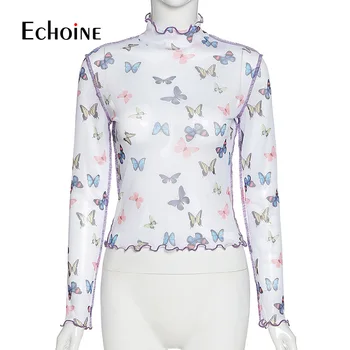 Echoine 2020. aasta suvel magus armas Liblikas print graphic top tees naiste high street casual silma Läbipaistva Tee särk naiste kanda
