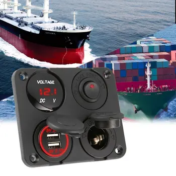 Uus Dual USB-Pordid autolaadija + LED Voltmeeter + 12-24V Pistikupesa + on-Off Lüliti 4 in 1 Auto Marine Boat LED Lüliti Paneel