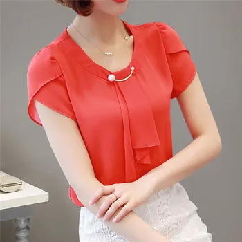 Suve Pluus Naiste Sifonki Särk Ameti Töö Slim Tops Lühikese Varrukaga Särgid Korea Vibu Kaela Ruffle Kollane Punane Pluusid Blusas