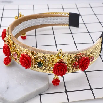 2019 Euroopa Kohus Vintage Kuldne Hairbands Naiste Luksus Punane Lill Rhinestone Peakatet Crown Juuksed Tarvikud Elegantne Peapael