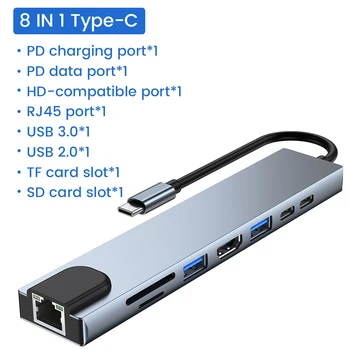 8 1 Tüüp C-Hub-USB 2.0 3.0 J45 TF-SD-Reader PD Eest Dock Station HDMI-Ühilduv Adapter Splitter for Mackbook Sülearvuti