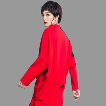 Ebaregulaarne Hem T-särk Naiste Must Punane Seista Krae Dressipluus Vintage Kottis Segast Pulloverid Pvt Varruka Extra Lahti Tops