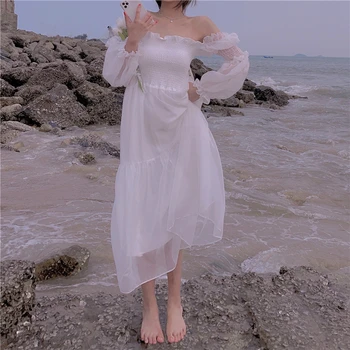 Korea Suvel Elegantne Pikk Kleit Ja Naised Ühes Tükis Naine Beach Sifonki Pits Midi Kleit Vintage Poole Öö Klubi Daamid Kleit 2021