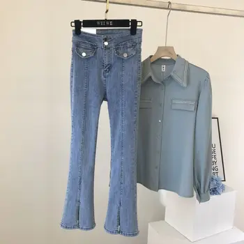 2021 Kevadine Vintage Korea Stiilis Kõrge Vöökoht Õhuke Denim Jeans Naiste Riietus Puuvillane Elastne Pilu, Pikk Põletatud Püksid