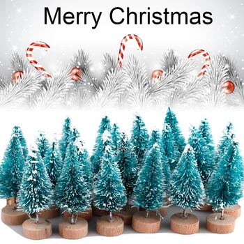 24tk Mini Sinine Cedar Puud Komplekt Sisal Lumi Härmatis Puude Puidu Baasi Pudel Pintsliga Puud Plastikust Talvel Lumi Kaunistus