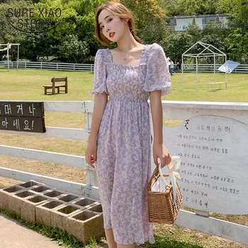 Korea Prairie Vintage Šikk Maxi 2021 Suvel Sifonki Lilleline Puhvis Varrukad Square Krae Naiste Kleit Rüü Longue Femme Ete 14672