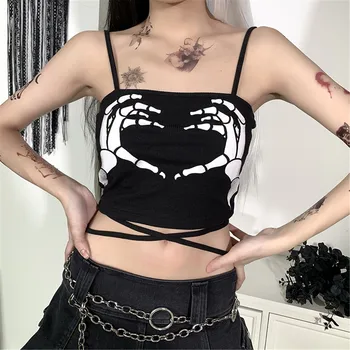 Goth Punk Saagi Topid Naistele Camis Backless Skull Print Spagetid Rihm Käisteta Vest Sidemega Camis Tahke Ööklubi Tank Backless