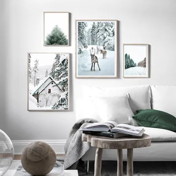 Looduslik Talvel Lumi Maantee Maja Põhjapõder Seina Art Lõuend Maali Nordic Landscape Plakat Taim Prindi Elutoamööbel Home Decor