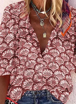 2021 Uus Naiste Sifonki Pluusid Vabaaja Leht Trükitud Särgid Elegantne V-Kaeluse Tops Vintage Puhkus Stiilis Pikad Varrukad Mood Blusas
