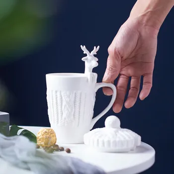 Valge Portselan Jõulud 3D Põder Amimal Paarid Kohvi Piima Kruusid Kaanega Keraamiline Loominguline Armas Hirv Hommikusöök Cup Drinkware
