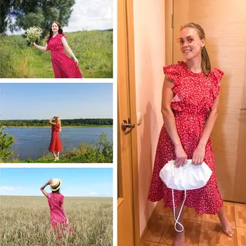 2021 Uus Suvi Dot Print Kleit Naiste Vabaaja Liblikas Varruka Ruffles Keskmise Pikk Sifonki Kleit