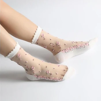 1 Paar Naiste Lill Sokk Suvel Pits Kristall Klaas Siidist Sokid Lühike Õhuke Läbipaistev Roosid Jacquard Elastne Üliõhukesed Sokid