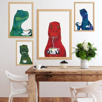 Naljakas Dinosaurus Kohvi-Art Print Lastetoa Seinale Plakati, Lõuend Maali Humoorikas Loomade Pildid Köök Kids Room Decor