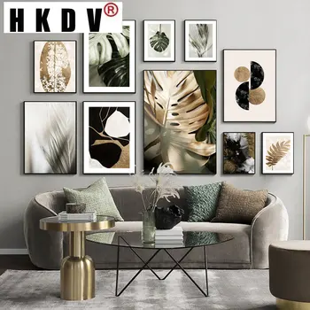 HKDV Kaasaegne Abstraktse Lehed Taim Maali Seina Art Canvas Poster Ja Printida Must Kuld Graafika Pilt elutuba Home Decor